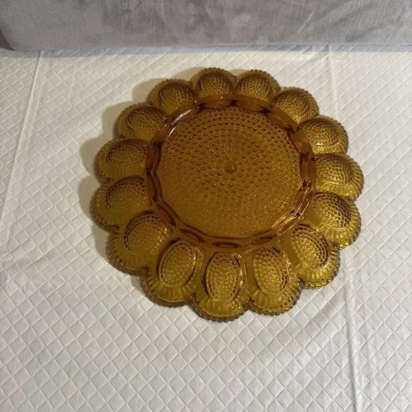Vintage Amber‎ Thick Indiana Glass Hobnail Deviled Egg Platter Tray Dish - Picture 5 of 6